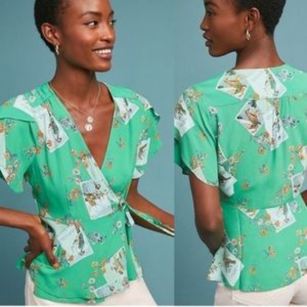 Meadow rue by Anthropologie green wrap Meadow Rue Bon Voyage Bird Print Top